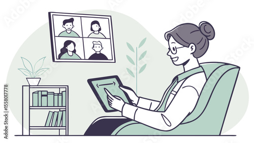 Woman Participating in Online Video Conference with Tablet and Screen, Remote Communication Illustration