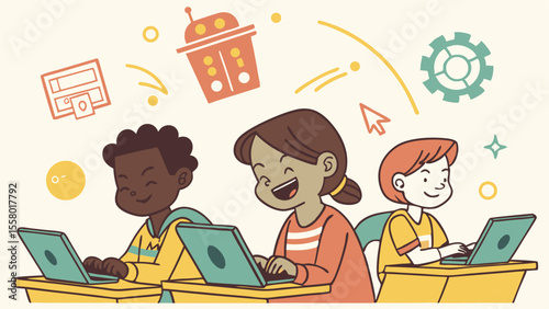 Happy Diverse Children Learning & Coding on Laptops, Exploring Digital Education & STEM