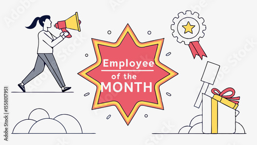 Employee of the Month Recognition. Woman with Megaphone, Award Ribbon, Gift Box. Workplace Achievement & Motivation Illustration.