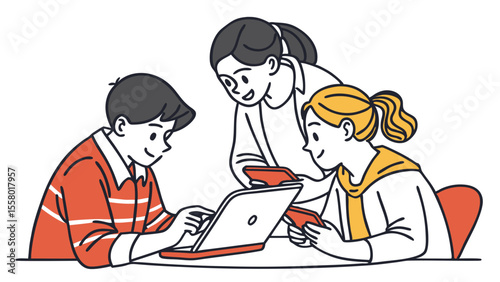 Diverse Youth Collaborating on Digital Devices for Education and Teamwork Illustration