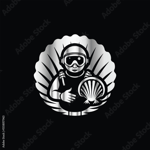 Scuba diver with fish on the black background. Vector illustration. Illustration of a scuba diver and a ship on a black background.