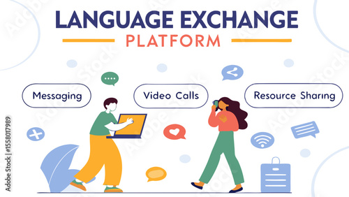 Online Language Exchange Platform Illustration. Digital communication and learning concept with people, messaging, and video call icons.