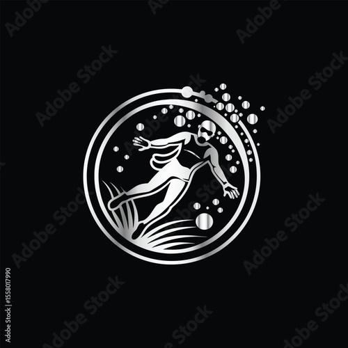 Scuba diver with fish on the black background. Vector illustration. Illustration of a scuba diver and a ship on a black background.