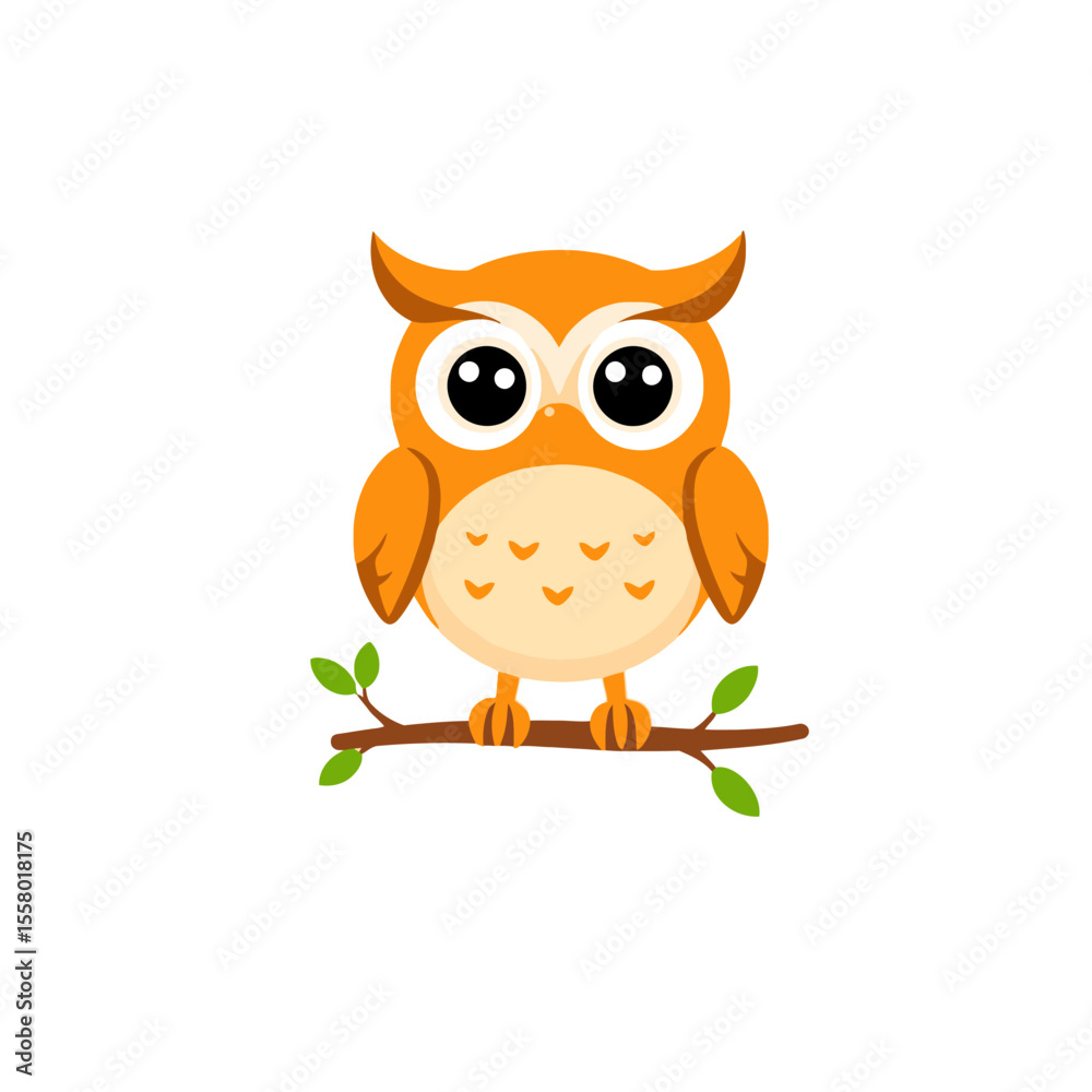Obraz premium Cute cartoon orange owl perched on a branch isolated on white background