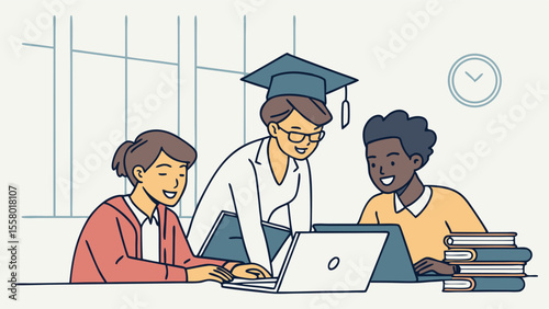 Diverse students and mentor collaborating on laptops for academic study, teamwork, and education concept illustration.