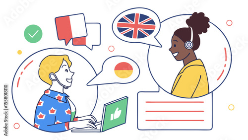 Multilingual Online Communication & Language Exchange Illustration. Remote digital chat with diverse global connections.