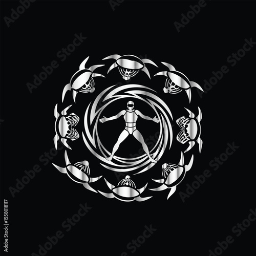 Scuba diver with fish on the black background. Vector illustration. Illustration of a scuba diver and a ship on a black background.