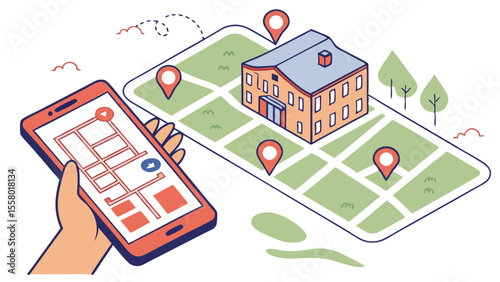 Mobile navigation app showing building location on an isometric map with pins