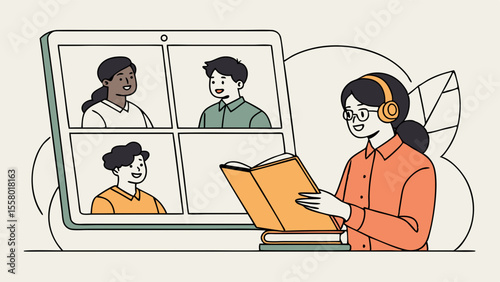 Online Learning & Remote Education Concept. Teacher Reads to Students on Video Call. Virtual Classroom & E-learning Illustration.