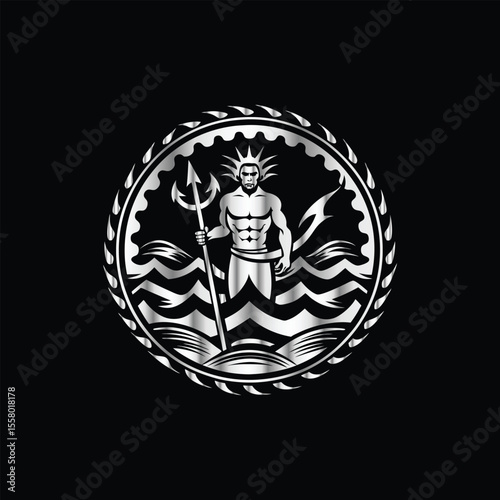 Scuba diver with fish on the black background. Vector illustration. Illustration of a scuba diver and a ship on a black background.