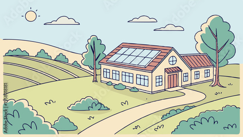 Eco-friendly house with solar panels on roof in a green rural setting illustration, sustainable energy