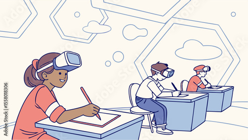 Children Learning with VR Headsets in Classroom, Future Education Technology Illustration