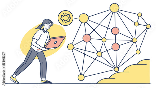 Developer Managing Data Network & Cloud Computing with Laptop. System Optimization, AI, Machine Learning, Big Data Concept.