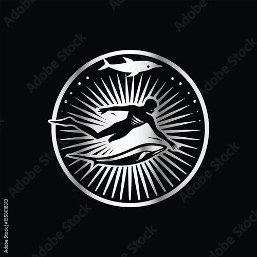 Scuba diver with fish on the black background. Vector illustration. Illustration of a scuba diver and a ship on a black background.
