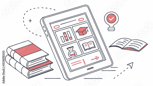 E-learning and Digital Education Concept. Tablet with Academic Icons and Books. Online Courses and Knowledge Acquisition.