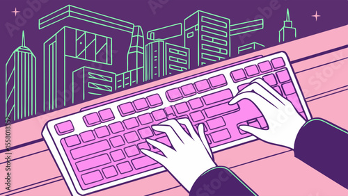 Hands typing on a vibrant pink keyboard with a glowing neon city skyline, digital work and technology concept