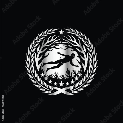 Scuba diver with fish on the black background. Vector illustration. Illustration of a scuba diver and a ship on a black background.