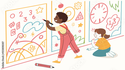 Children drawing colorful shapes & numbers on a large wall, fostering creativity & playful learning