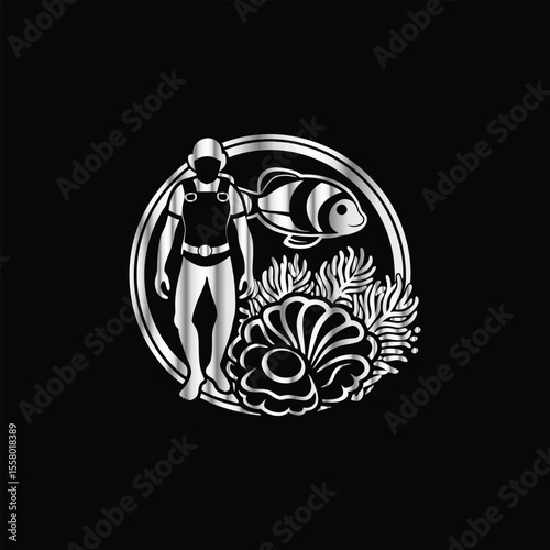 Scuba diver with fish on the black background. Vector illustration. Illustration of a scuba diver and a ship on a black background.