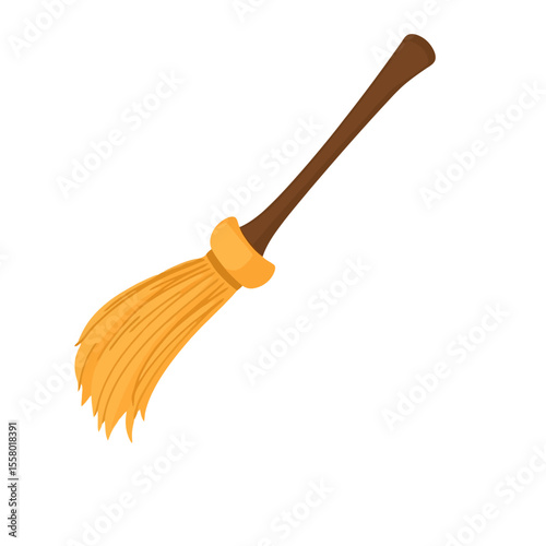 Cartoon witch broomstick with orange bristles isolated on white background