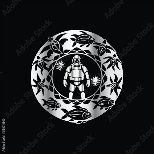 Scuba diver with fish on the black background. Vector illustration. Illustration of a scuba diver and a ship on a black background.