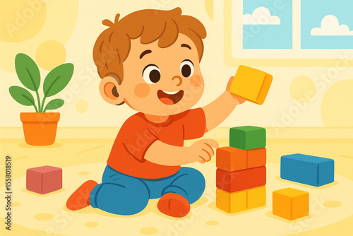 Happy Child with Hearing Aid Playing with Building Blocks Bright Playful Illustration