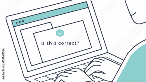 Online Confirmation: User Verifying Information on Laptop Screen with Green Checkmark Illustration
