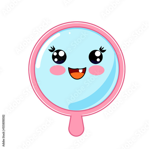 Cute kawaii smiling mirror with pink frame isolated on white background