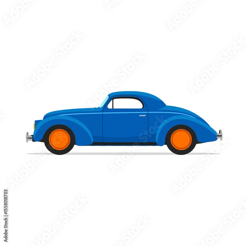 Classic blue coupe automobile with orange wheels isolated on white background