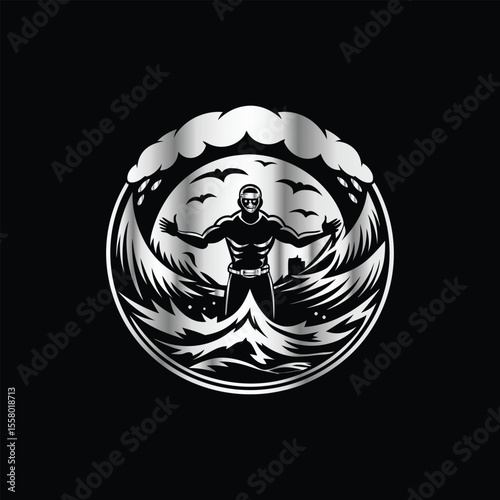 Scuba diver with fish on the black background. Vector illustration. Illustration of a scuba diver and a ship on a black background.