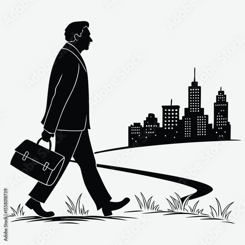 A man with a briefcase walking toward a city skyline image silhouette design vector art and illustration