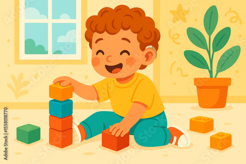 Happy Child with Hearing Aid Playing with Building Blocks Bright Playful Illustration