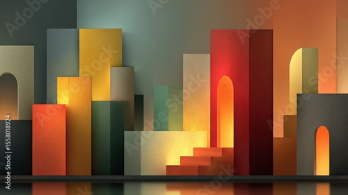 Abstract Geometric Cityscape with Arches and Warm Lighting