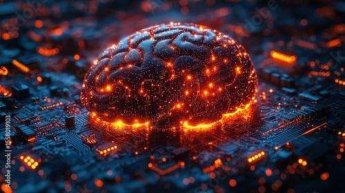 AI Brain Power: Digital Brain with Glowing Connections on Circuit Board.