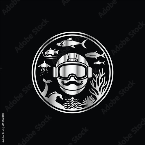 Scuba diver with fish on the black background. Vector illustration. Illustration of a scuba diver and a ship on a black background.