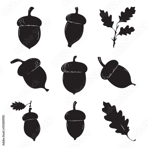 acorn silhouette set, Black & White silhouette set