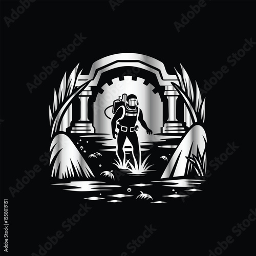 Scuba diver with fish on the black background. Vector illustration. Illustration of a scuba diver and a ship on a black background.