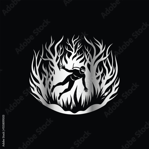 Scuba diver with fish on the black background. Vector illustration. Illustration of a scuba diver and a ship on a black background.
