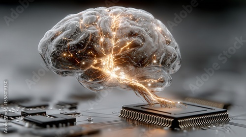 Artificial Brain Power: AI Brain Connecting to Microchip, Concept