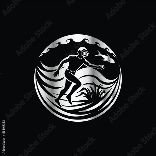 Scuba diver with fish on the black background. Vector illustration. Illustration of a scuba diver and a ship on a black background.