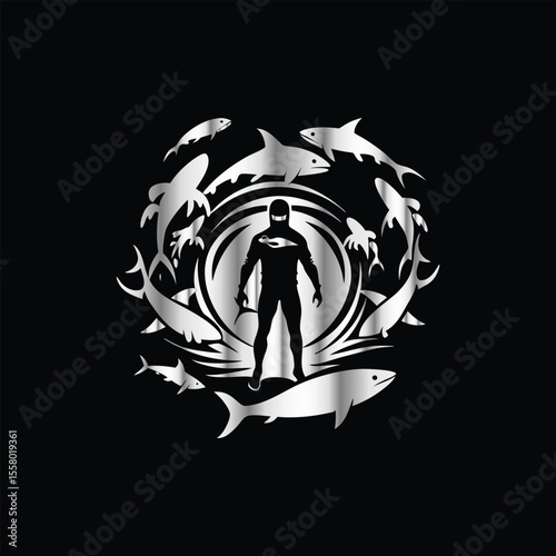Scuba diver with fish on the black background. Vector illustration. Illustration of a scuba diver and a ship on a black background.