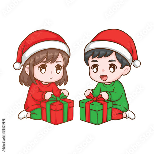 illustration art hand drawn cute chibi boy and girl wearing christmas winter outfit and bring gift for christmas character design