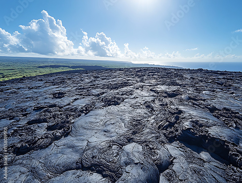 vast lava plateau with cooled black rock stretching to horizon, scattered steam vents and distant volcanic ridges