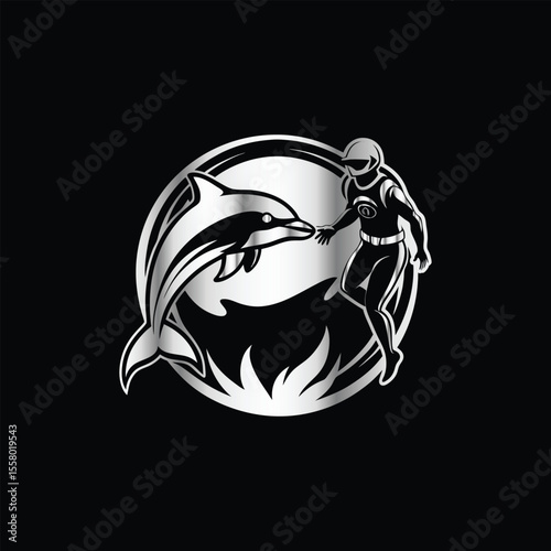 Scuba diver with fish on the black background. Vector illustration. Illustration of a scuba diver and a ship on a black background.
