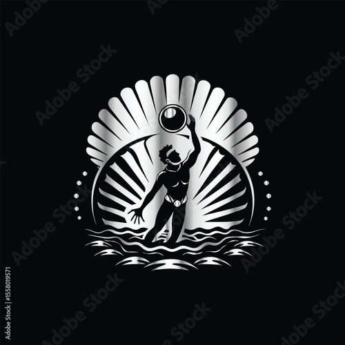 Scuba diver with fish on the black background. Vector illustration. Illustration of a scuba diver and a ship on a black background.