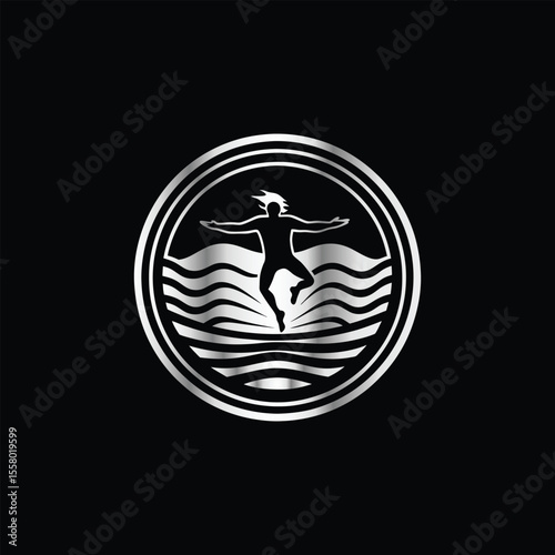 Scuba diver with fish on the black background. Vector illustration. Illustration of a scuba diver and a ship on a black background.