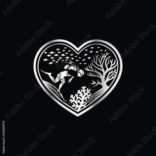 Scuba diver with fish on the black background. Vector illustration. Illustration of a scuba diver and a ship on a black background.