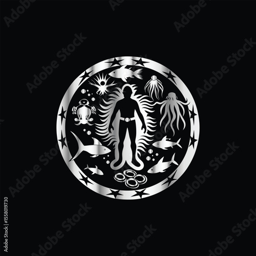 Scuba diver with fish on the black background. Vector illustration. Illustration of a scuba diver and a ship on a black background.