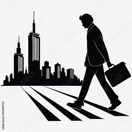 A man with a briefcase walking toward a city skyline image silhouette design vector art and illustration