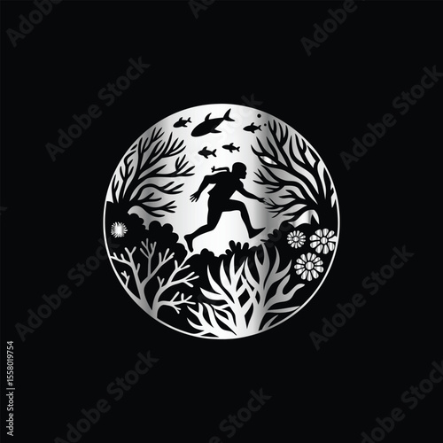 Scuba diver with fish on the black background. Vector illustration. Illustration of a scuba diver and a ship on a black background.